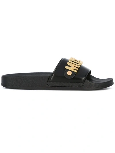 Moschino Logo Pool Slide Sandals In Black