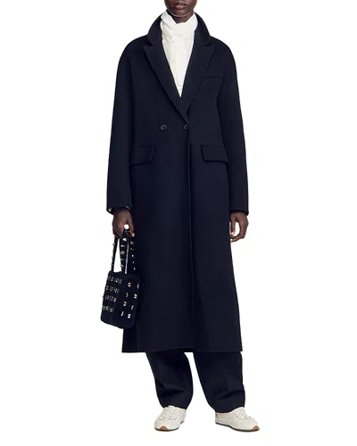 Sandro Double-faced Coat With Studs In Blue