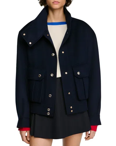 Sandro Double-faced Standing Collar Coat In Blue
