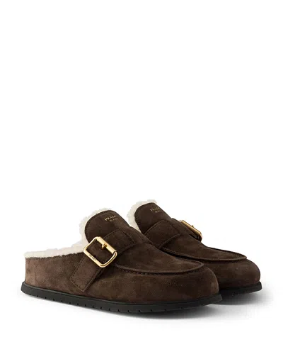 Prada Suede Leather Flat Mules In Brown