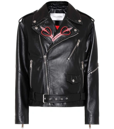 Shop Valentino Embellished Leather Jacket In Llack