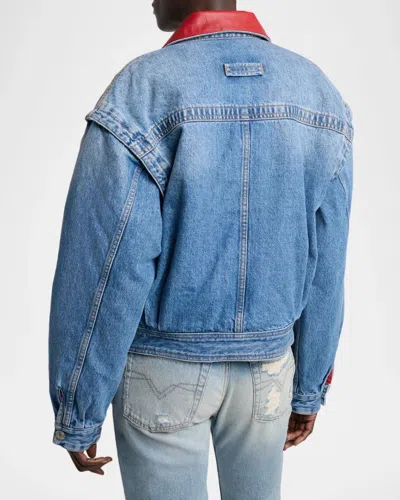 Isabel Marant Devyn Denim Jacket With Leather Collar In Blue
