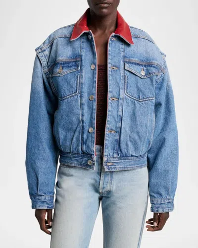 Isabel Marant Devyn Denim Jacket With Leather Collar In Blue