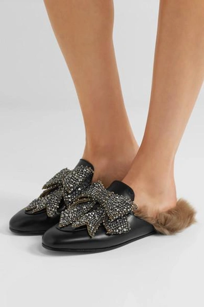 Shop Gucci Princetown Shearling-lined Embellished Leather Slippers In Black