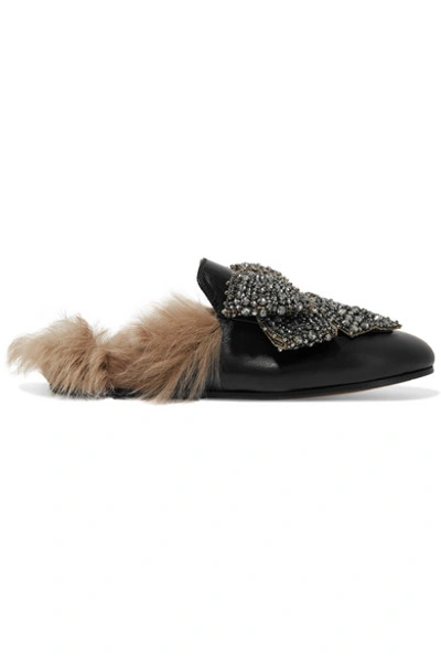 Shop Gucci Princetown Shearling-lined Embellished Leather Slippers In Black