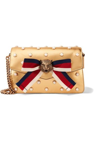 Shop Gucci Broadway Embellished Metallic Leather Shoulder Bag