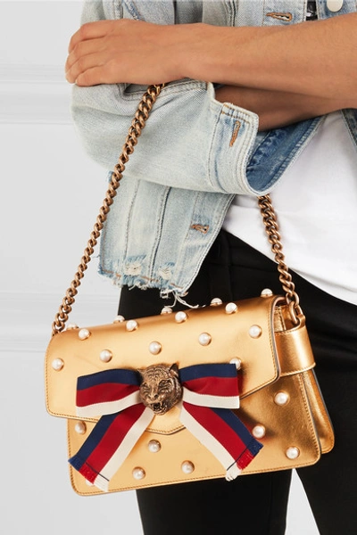 Shop Gucci Broadway Embellished Metallic Leather Shoulder Bag
