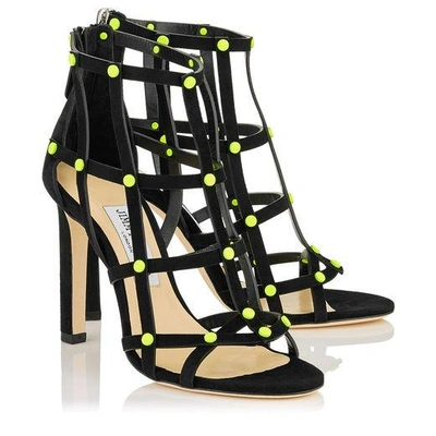 Shop Jimmy Choo Tina 100 Black Suede Sandals With Shocking Yellow Neon Studs In Black/shocking Yellow
