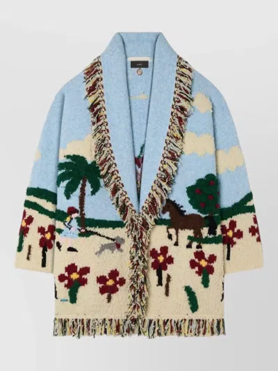 Alanui Wool Jacquard Belted Fringed Cardigan In Multi