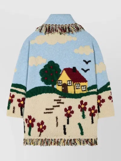 Alanui Wool Jacquard Belted Fringed Cardigan In Multi