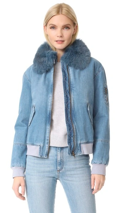 Yves Salomon Denim Bomber Jacket In Blue/blue