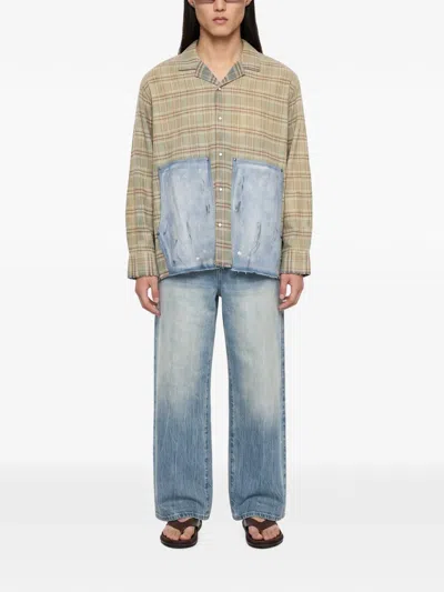 Found Check-pattern Patchwork Shirt In Brown