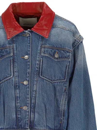 Isabel Marant Devyn Denim Jacket With Leather Collar In Multi