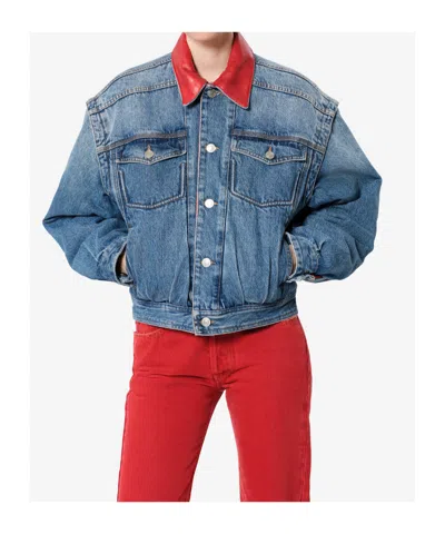 Isabel Marant Devyn Denim Jacket With Leather Collar In Multi