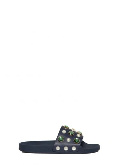 Shop Tory Burch Jewel And Pearl Embellished Sliders In Blue