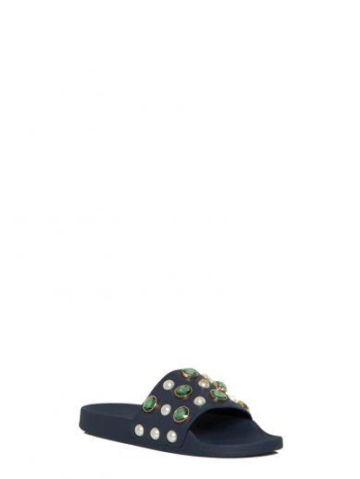 Shop Tory Burch Jewel And Pearl Embellished Sliders In Blue