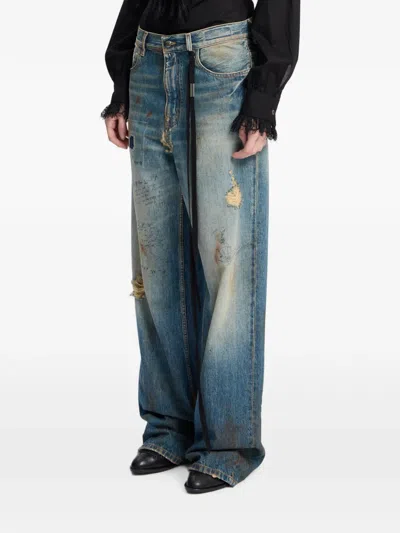 Ann Demeulemeester Distressed Script-print Jeans In Blue