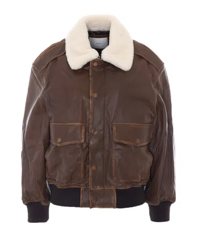 Dunst Detachable A-2 Leather Blouson Jacket With Classic Collar And Zip Front In Brown