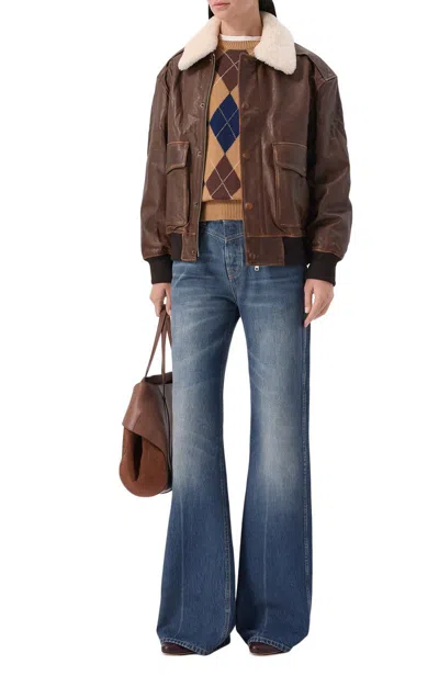 Dunst Detachable A-2 Leather Blouson Jacket With Classic Collar And Zip Front In Brown