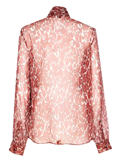 Saint Laurent Floral Silk Blouse With Scarf Collar And Button Closure In Red