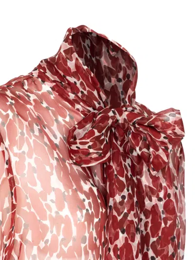Saint Laurent Floral Silk Blouse With Scarf Collar And Button Closure In Red