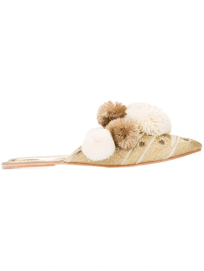 Figue Iris Pompom-embellished Mule Slide, Gold