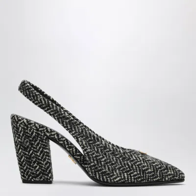Prada White And Black Slingback Pumps In Chevron Fabric In White