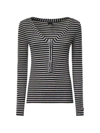 Pinko Striped Button-front Long-sleeve T-shirt In Black