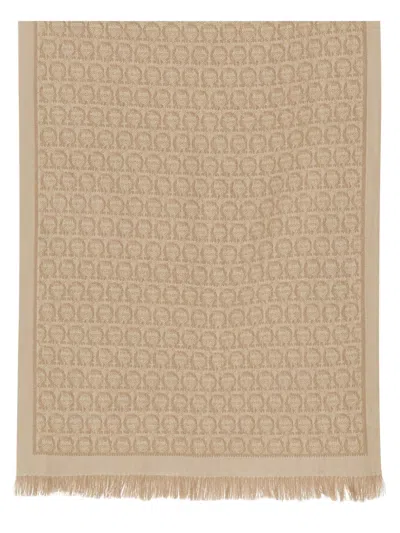 Ferragamo Long Rectangular Scarf With Interlocking Pattern And Fringed Edges In Brown