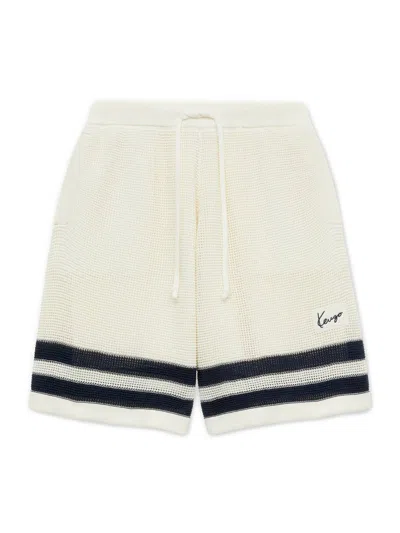 Kenzo Mesh Cotton Shorts Contrast Stripe Hem In White