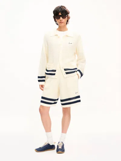 Kenzo Mesh Cotton Shorts Contrast Stripe Hem In White