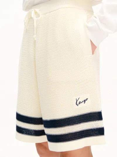 Kenzo Mesh Cotton Shorts Contrast Stripe Hem In White