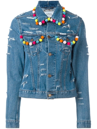 Forte Couture Pompom Ripped Cotton Denim Jacket In Light Blue