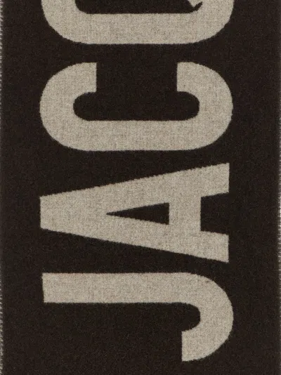 Jacquemus Black Bold White Lettering Twisted Fringe Scarf In Green