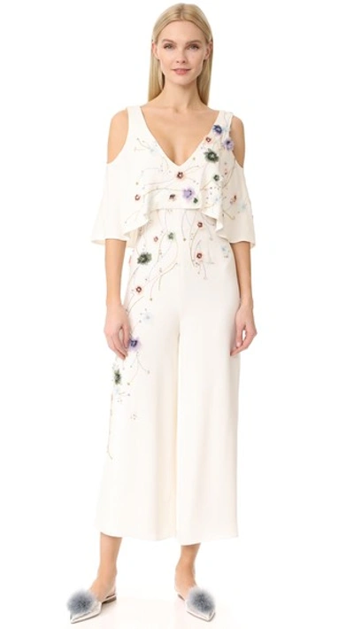 Monique Lhuillier Embroidered V-neck Cold-shoulder Jumpsuit, Silk White