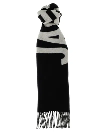 Jacquemus Black Bold White Lettering Twisted Fringe Scarf In Black