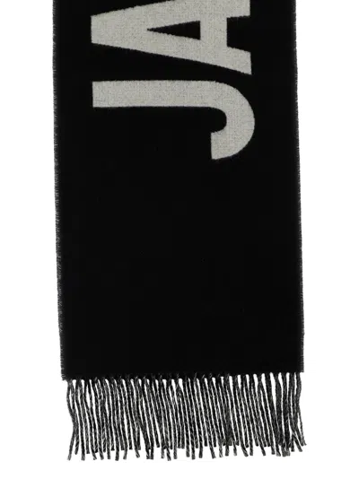 Jacquemus Black Bold White Lettering Twisted Fringe Scarf In Black