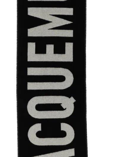 Jacquemus Black Bold White Lettering Twisted Fringe Scarf In Black