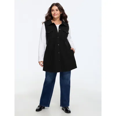 Bloomchic Solid Button‑front Sleeveless Jacket In Black