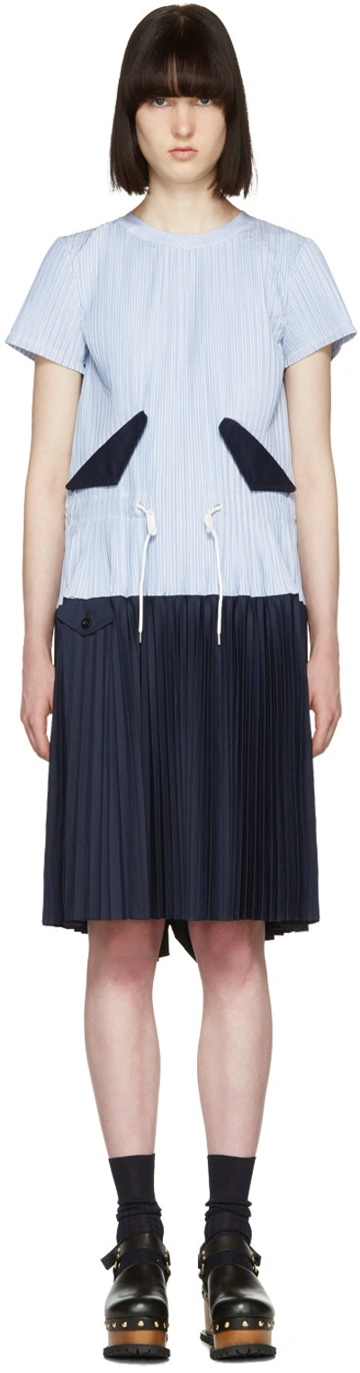 Sacai Blue Striped Pleated Shirting Blouse In Navy-multi