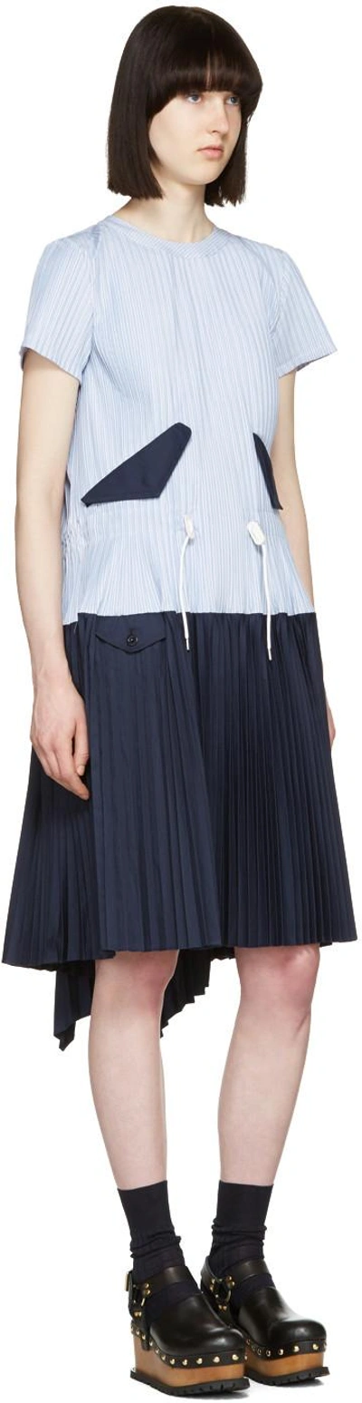 Shop Sacai Blue Striped Pleated Toggle Dress