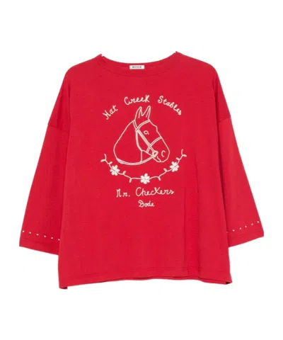 Bode Stables Graphic-print Three-quarter-sleeve T-shirt In Red