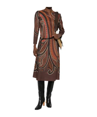 Etro Crepe Midi Dress With Paisley Motif In Brown