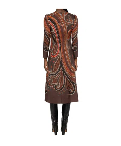 Etro Crepe Midi Dress With Paisley Motif In Brown