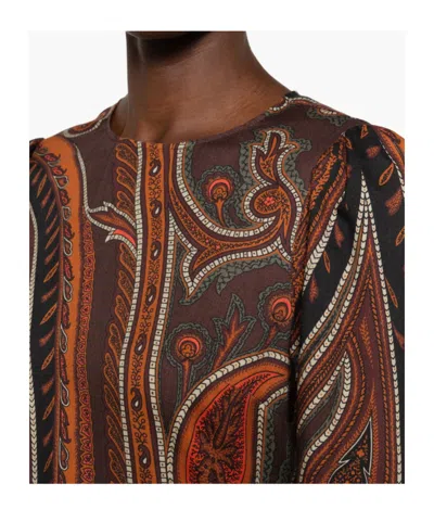 Etro Crepe Midi Dress With Paisley Motif In Brown