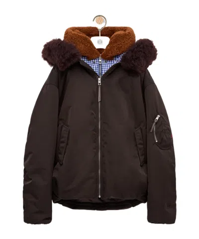 Loewe Technical Coating Bomber Jacket With Double Layer Construction And Checked Back In Brown