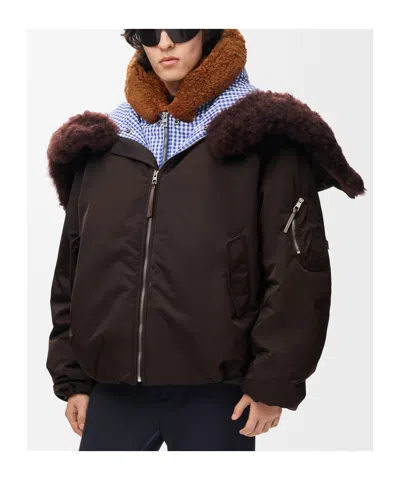 Loewe Technical Coating Bomber Jacket With Double Layer Construction And Checked Back In Brown