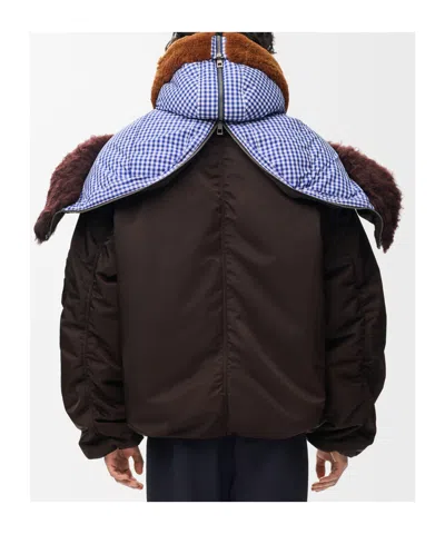 Loewe Technical Coating Bomber Jacket With Double Layer Construction And Checked Back In Brown