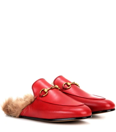 Gucci Princetown Fur-lined Leather Slippers In Red