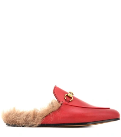 Shop Gucci Princetown Fur-lined Leather Slippers In Red